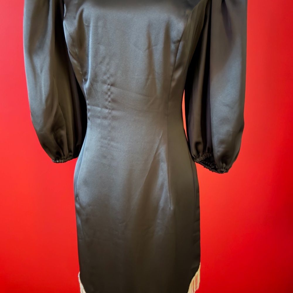 Mac Duggal Black Long Sleeve Dress with Fringe